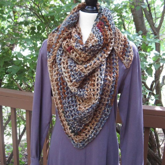 Crochet Boho Shawl Scarf, Bohemian Accessories Neutral Colored Hand Crochet - Picture 2 of 6